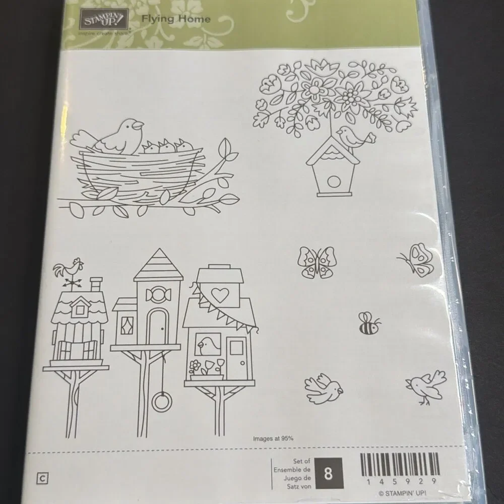 Stampin' Up Flying Home Stamp set of 8 birds bird house butterfly bee nest